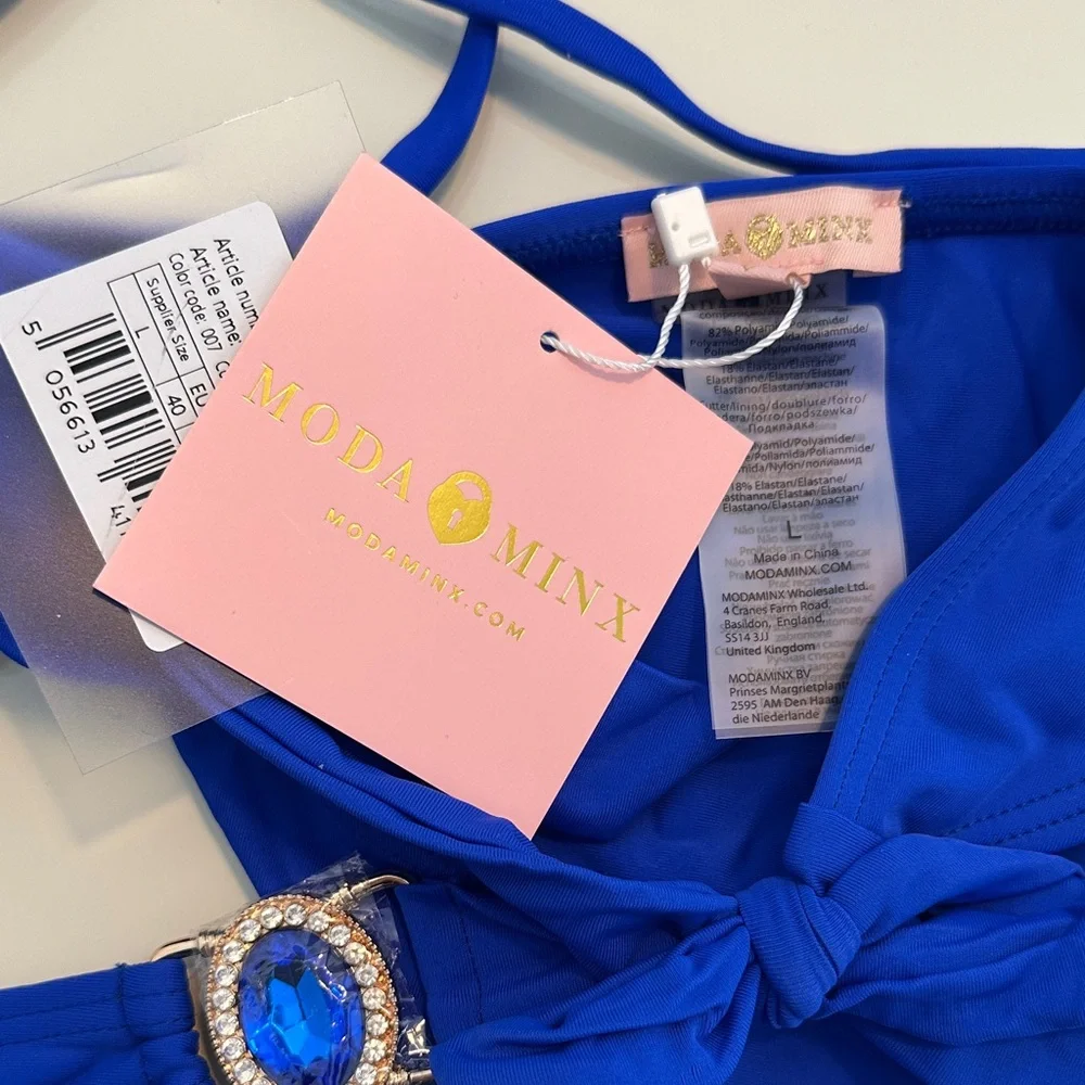 NWT Moda Minx Amour Bikini Azul Blue Bikini with Jewel Detail Top XL Bottom L